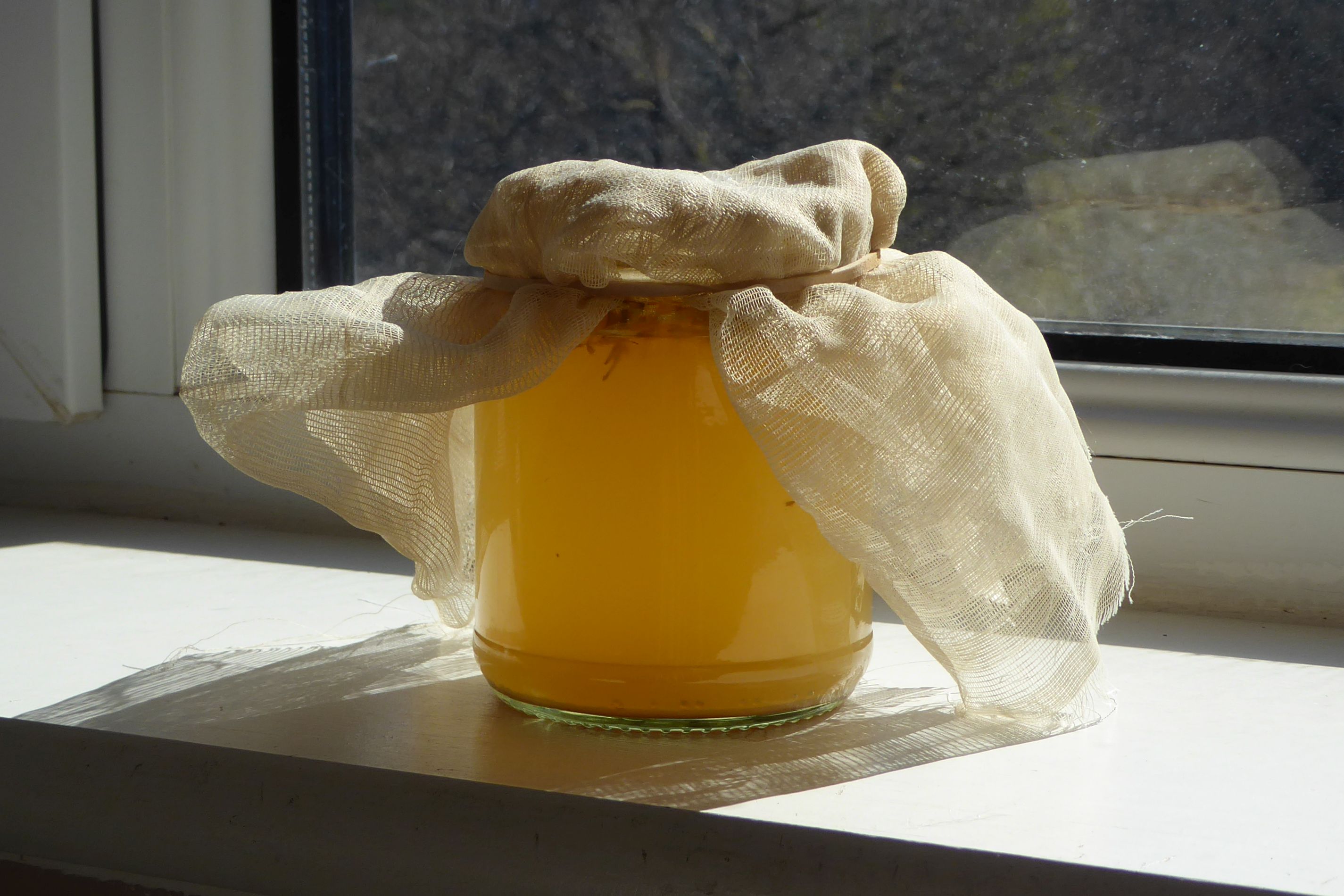 Jar covered with cloth on sunny windowsill